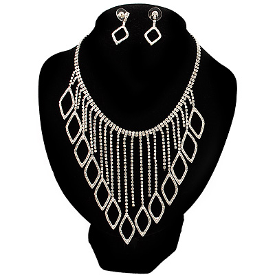 Divine Extravagance Swarovski Crystal Bib Necklace And Dangle Earring Set (Silver Tone) - main view