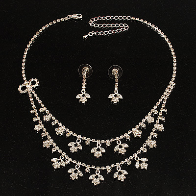 Bridal Clear Diamante Layered Floral Necklace & Earrings Set In Silver Plating - main view