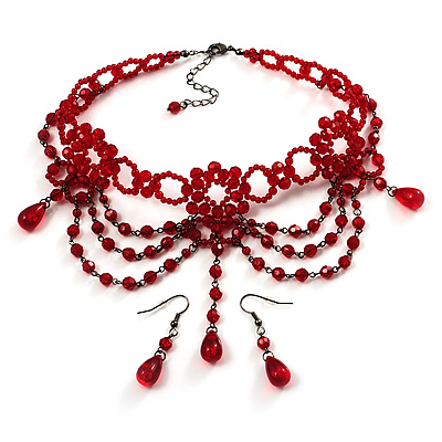 Hot Red Gothic Costume Choker Necklace And Earring Set