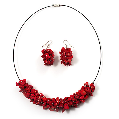 Coral Red Nugget Cluster Choker And Drop Earrings Set (Black Tone) - main view