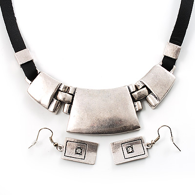 Antique Silver Ethnic Necklace Choker On Leather Cord And Drop Earring Set - main view