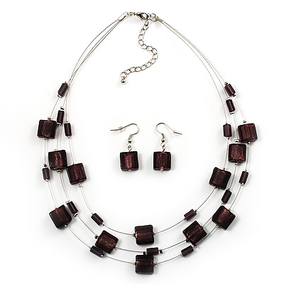 3 Strand Purple Glass Bead  Wire Necklace And Drop Earring Set (Silver Tone) - main view