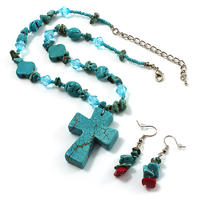 Turquoise Bead Cross Necklace And Drop Earrings Set (Silver Tone) - main view