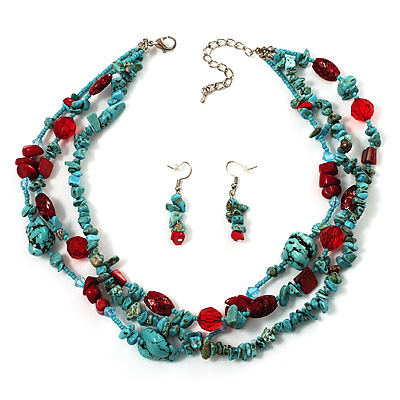 Multistrand Turquoise Stone Necklace And Drop Earrings Set (Silver Tone) - main view