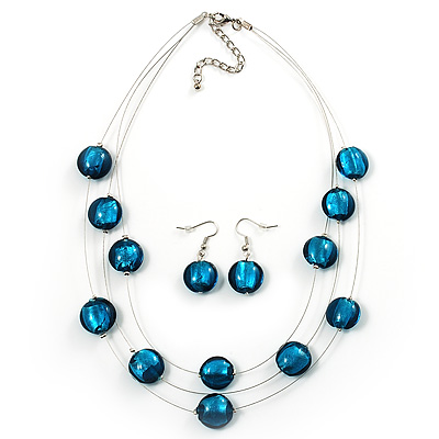 3 Strand Teal Blue Glass Bead  Wire Necklace And Drop Earring Set (Silver Tone) - main view