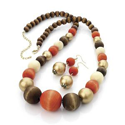 Multicoloured Wooden Necklace And Earrings Set (Brown, Gold, Coral & White) - 62cm Length - main view