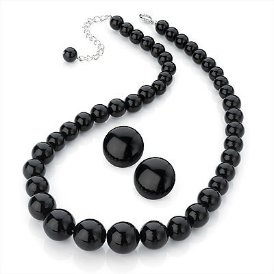 Jet Black Acrylic Bead Necklace And Stud Earring Set (Silver Tone) - main view
