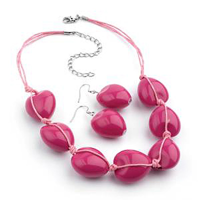 Raspberry Heart Resin Cotton Cord Necklace & Drop Earrings Set (Silver Tone) - 42cm Length - main view