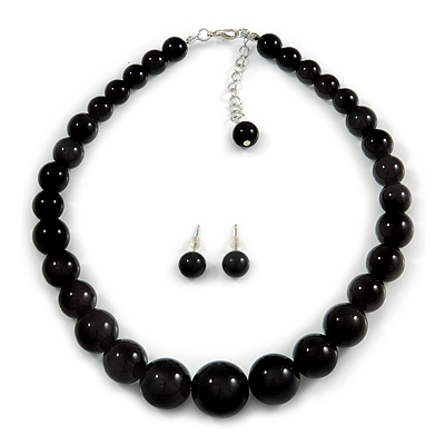 Jet Black Acrylic Bead Choker Necklace And Stud Earring Set In Silver Tone - 34cm L/ 7cm Ext - main view