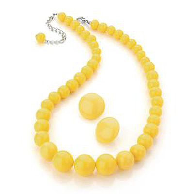 Bright Yellow Acrylic Bead Necklace And Stud Earring Set (Silver Tone) - 48cm Length - main view