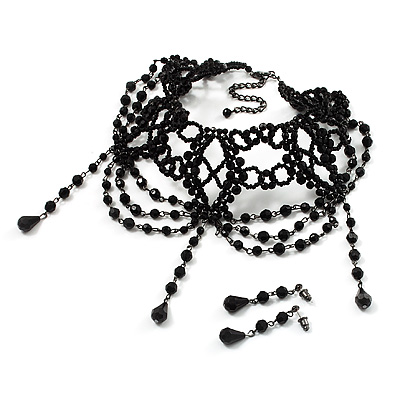 Chic Victorian/ Gothic/ Burlesque Black Bead Choker And Earrings Set - main view