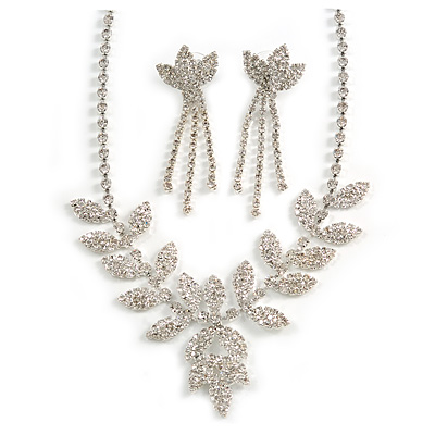 Bridal Diamante Floral Necklace & Earrings Set (Silver Tone) - main view