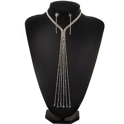 Stunning Party Long Tassel Crystal Necklace & Drop Earrings Set In Silver Plating - 20cm Front Drop - main view