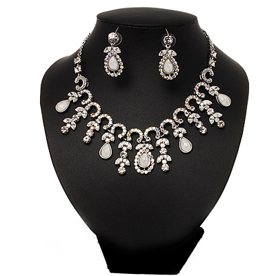 Vintage AB/Clear Crystal Droplet Necklace & Earrings Set In Rhodium Plated Metal - main view