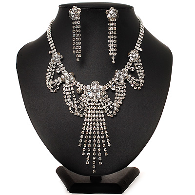 Bridal Swarovski Crystal Flower Tassel Necklace & Earrings Set In Rhodium Plated Metal - main view