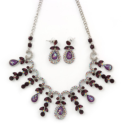 Vintage AB/Purple Crystal Droplet Necklace & Earrings Set In Rhodium Plated Metal - main view