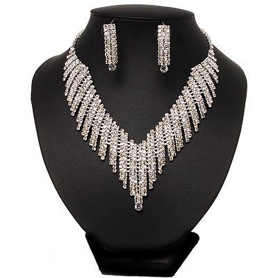 Bridal Clear Swarovski Crystal Bib Necklace & Drop Earrings Set In Silver Plating - main view