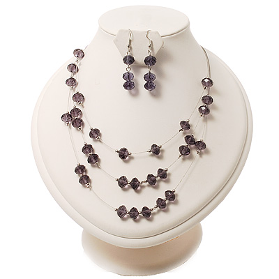 Lilac Crystal Floating Bead Necklace & Drop Earring Set - 52cm Length - main view