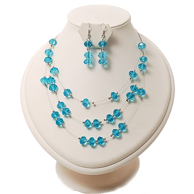 Azure Crystal Floating Bead Necklace & Drop Earring Set - 52cm Length - main view