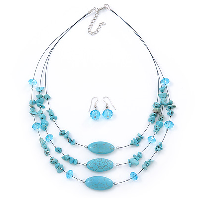 Turquoise Stone And Crystal Floating Bead Necklace & Drop Earring Set - 50cm Length (5cm extension) - main view