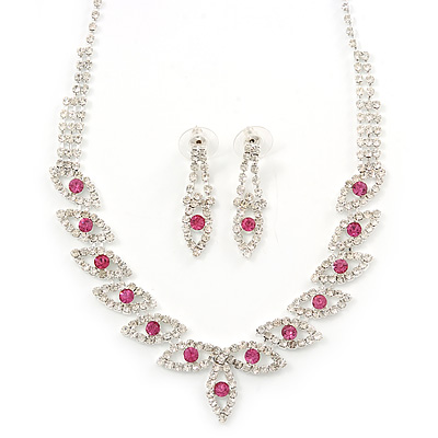 Bridal Pink/Clear Diamante 'Leaf' Necklace & Earrings Set In Silver Plating - main view