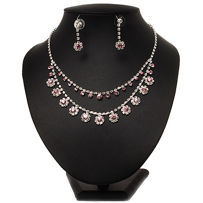Bridal Pink/Clear Diamante Layered Floral Necklace & Earrings Set In Silver Plating - main view