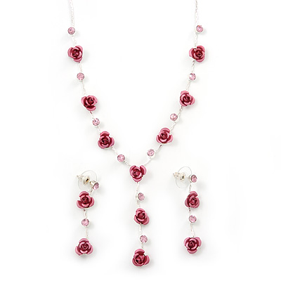 Delicate Y-Shape Pink Rose Necklace & Drop Earring Set - main view