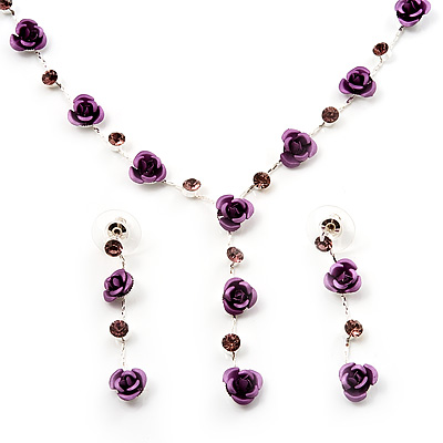 Delicate Y-Shape Light Purple Rose Necklace & Drop Earring Set - main view