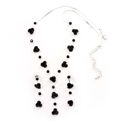 Delicate Y-Shape Black Rose Necklace & Drop Earring Set - main view
