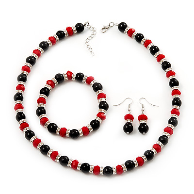 Black & Red Bead With Diamante Ring Necklace, Bracelet & Earrings Set (Silver Tone Metal) - main view