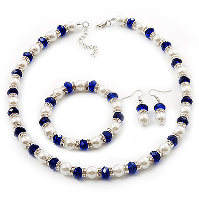 White & Royal Blue Imitation Pearl Bead With Diamante Ring Necklace, Bracelet & Earrings Set (Silver Tone Metal) - 44cm L/ 4cm Ext