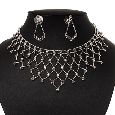 Bridal Clear Diamante Net Style Necklace & Earrings Set In Silver Plating