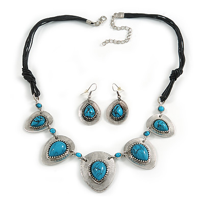 Turquoise Bead Black Cotton Cord Necklace & Drop Earring Set (Burn Silver Finish) - 42cm Length - main view