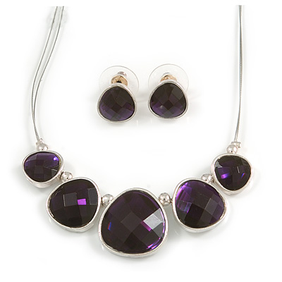 Deep Purple Diamante Wire Necklace And Stud Earring Set (Silver Tone Metal) - 32cm Length (6cm Extender)