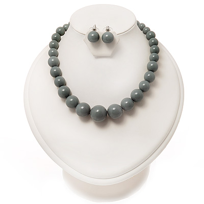 Grey Acrylic Bead Choker Necklace And Stud Earring Set (Silver Tone) - main view