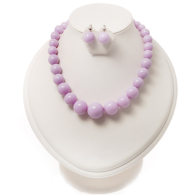 Lilac Acrylic Bead Choker Necklace And Stud Earring Set (Silver Tone) - main view