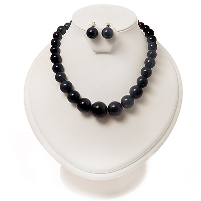 Navy Blue Acrylic Bead Choker Necklace And Stud Earring Set (Silver Tone) - main view
