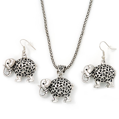 Silver Plated Filigree 'Elephant' Pendant Necklace & Drop Earrings Set - 40cm Length (6cm extender) - main view