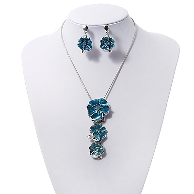'Triple Flower' Teal Enamel Diamante Necklace & Drop Earrings Set In Rhodium Plated Metal - 38cm Length (6cm extender) - main view
