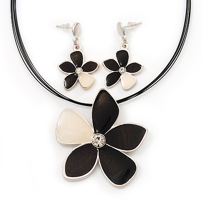 Grey/Light Cream Enamel Flower Pendant Necklace & Drop Earrings Set - 36cm Length (6cm extender) - main view