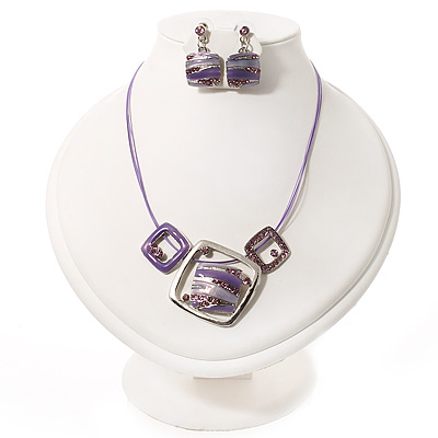 Purple Enamel Diamante Geometric Necklace & Drop Earrings Set In Rhodium Plated Metal - 34cm Length (6cm extender) - main view
