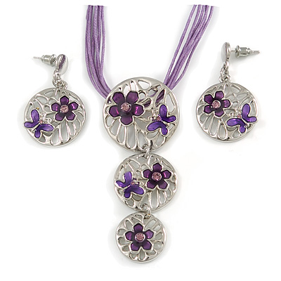 'Triple Circle' Floral Pendant Necklace On Cotton Cord & Drop Earrings Set - 36cm Length (6cm extender) - main view