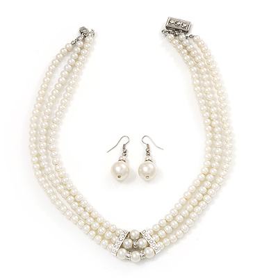 3-Strand Simulated Glass Pearl Necklace & Drop Earrings Set In Silver Plated Metal - 45cm L