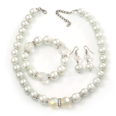 Chunky White Simulated Glass Pearl With Diamante Ring & Clear Crystal Necklace, Bracelet & Earrings Set In Silver Tone Metal - 38cm Length (4cm extens - main view