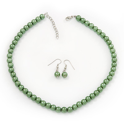 Light Green Glass Bead Necklace & Drop Earring Set In Silver Metal - 38cm Length/ 4cm Extension - main view