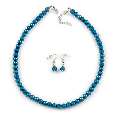 Teal Green Glass Bead Necklace & Drop Earring Set In Silver Metal - 38cm Length/ 4cm Extension