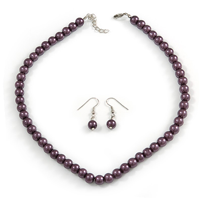 Purple Glass Bead Necklace & Drop Earring Set In Silver Metal - 38cm Length/ 4cm Extension - main view