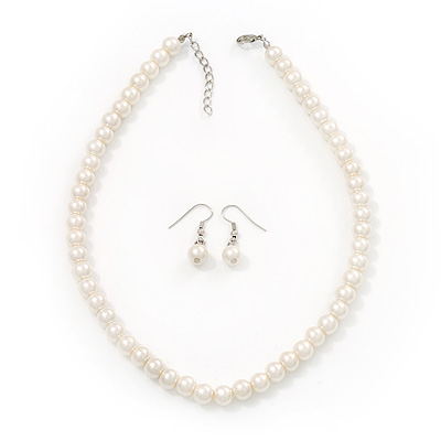 White Glass Bead Necklace & Drop Earring Set In Silver Metal - 38cm Length/ 4cm Extension
