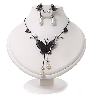 Romantic Faux Pearl 'Butterfly' Necklace & Drop Earrings Set In Black Metal