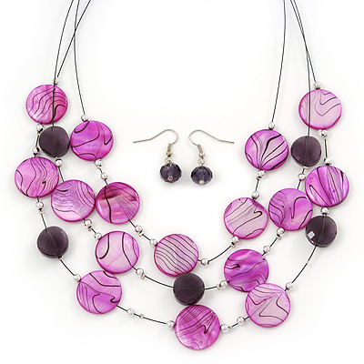 3 Strand Purple/ Lavender Shell & Bead Wire Necklace & Drop Earrings Set In Silver Plating - main view